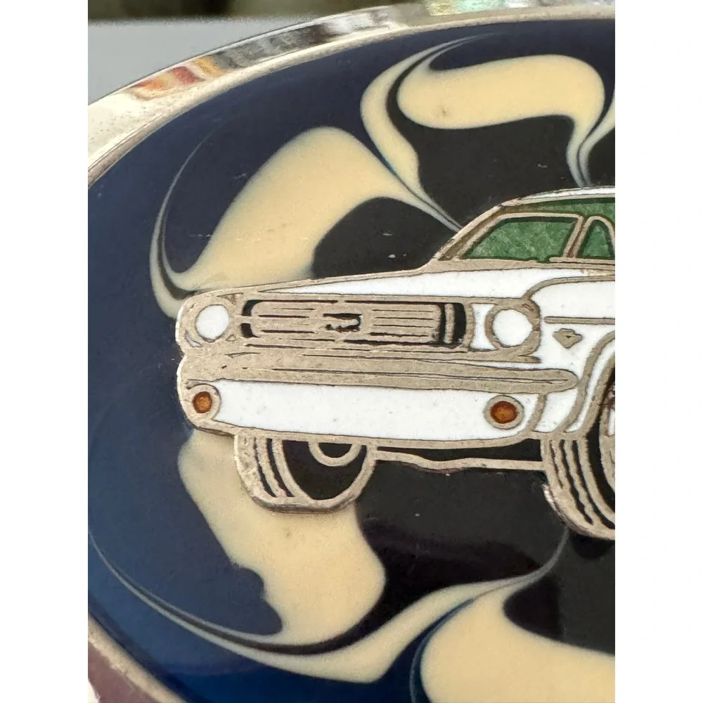 Vintage Ford Mustang Belt Buckle White Muscle Car Enamel Blue Swirl Oval Retro